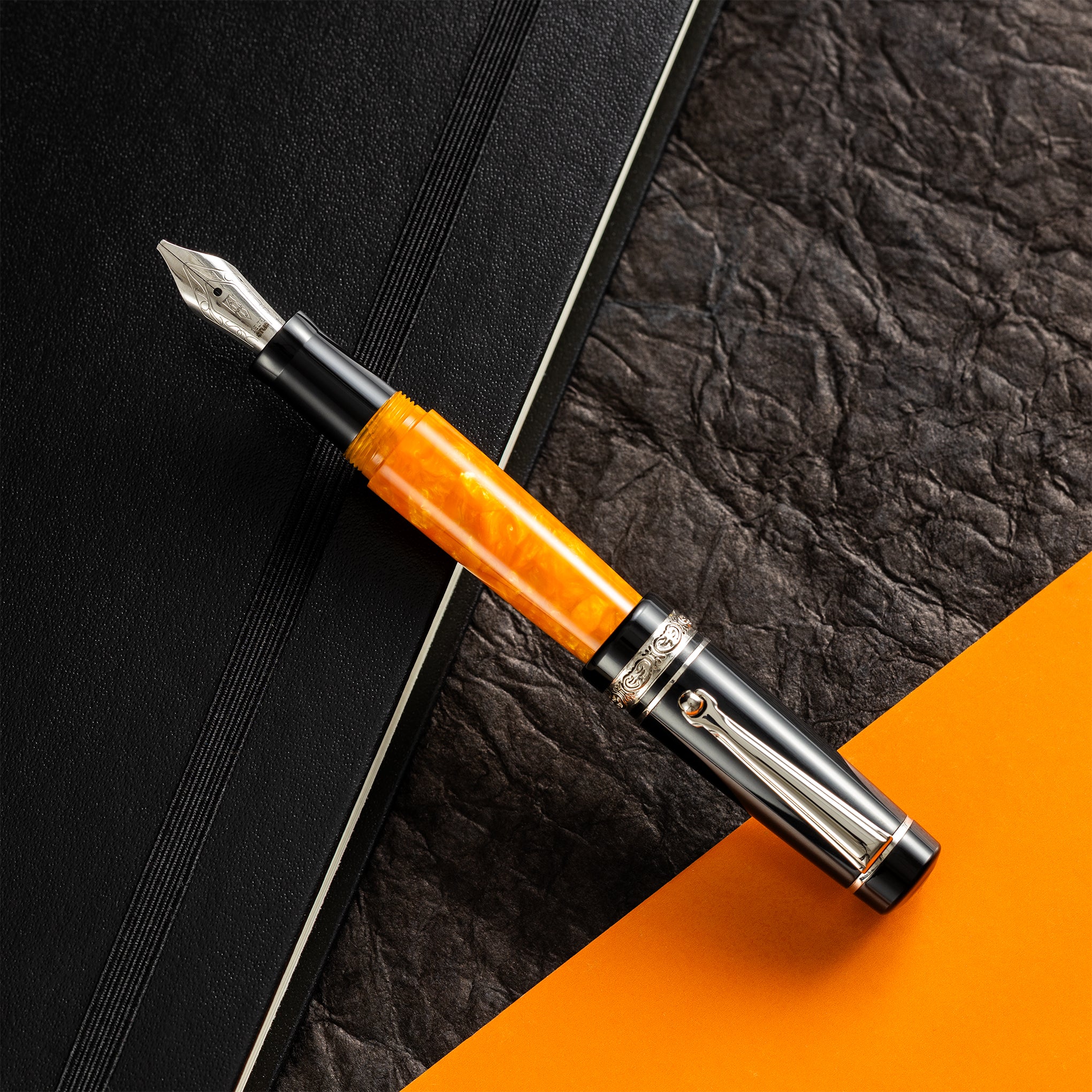 Delta DV Original Mini Fountain Pen – Black & Orange with Sterling Silver Trim – Pennino Acciaio-Pen Boutique Ltd
