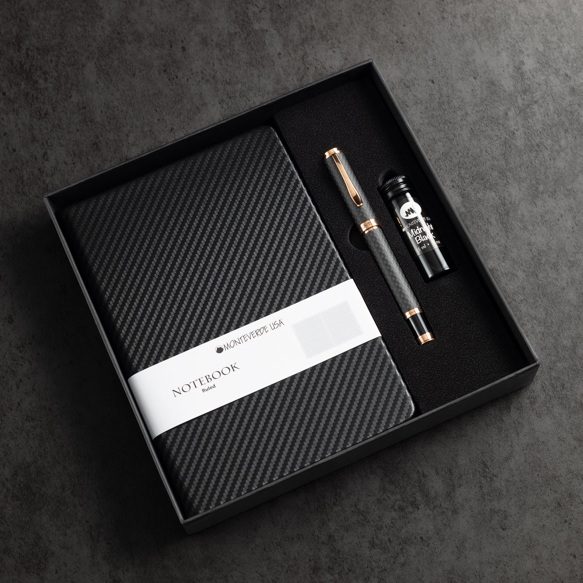 Monteverde Innova Fountain Pen Notebook Set - Carbon Fiber - Rosegold - Pen Boutique Ltd