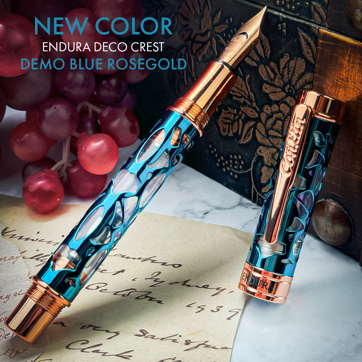 Conklin Endura Fountain Pen - Deco Crest Demo Blue - Rose Gold Trim-Pen Boutique Ltd