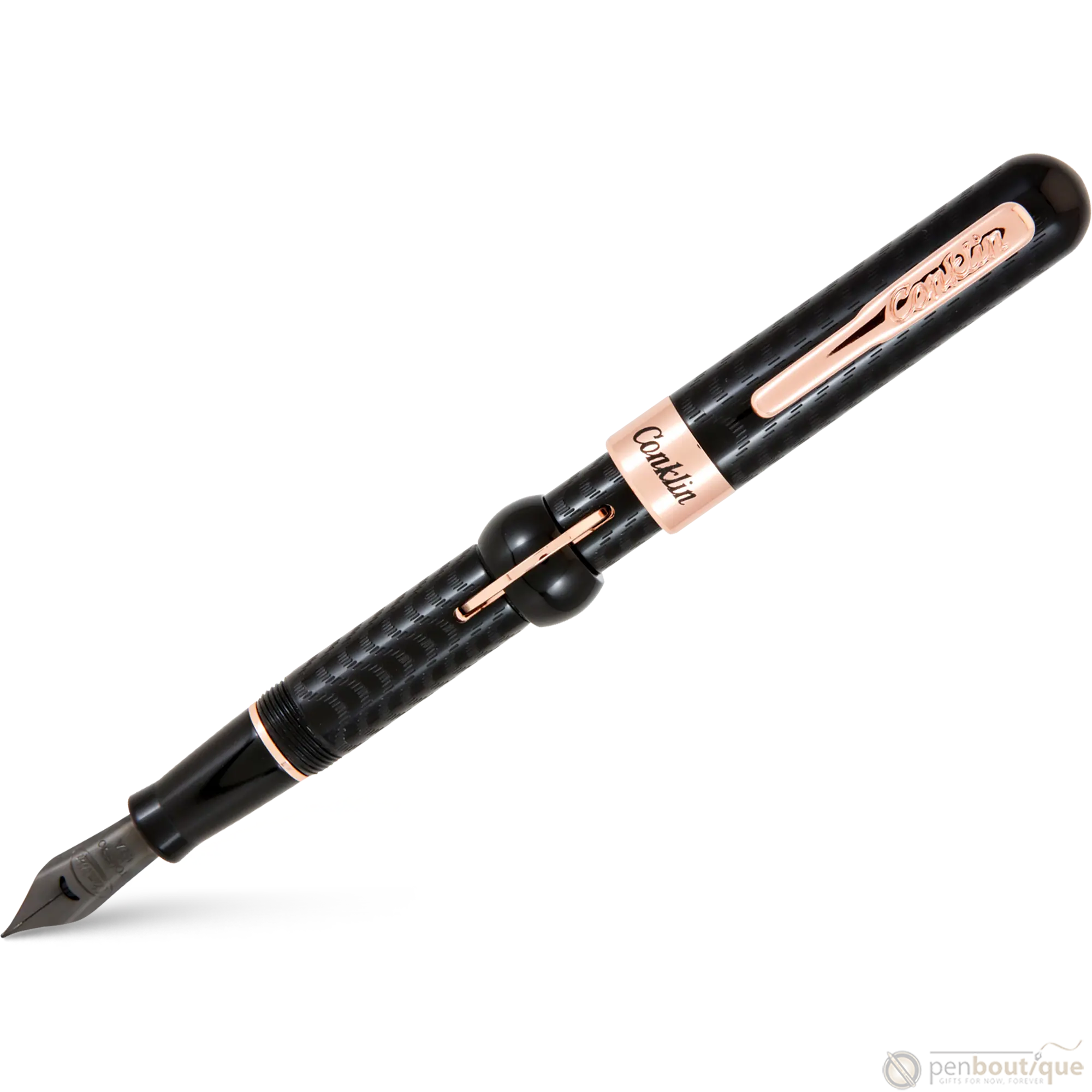 Conklin Mark Twain Crescent Filler Fountain Pen - Black Chase - Rose Gold Trim-Pen Boutique Ltd