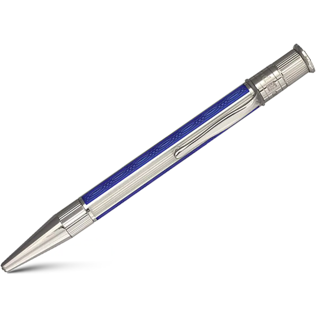 David Oscarson’s Sterling Silver Guilloche and Hard Enamel Ballpoint Pen Sapphire Blue-White-Pen Boutique Ltd