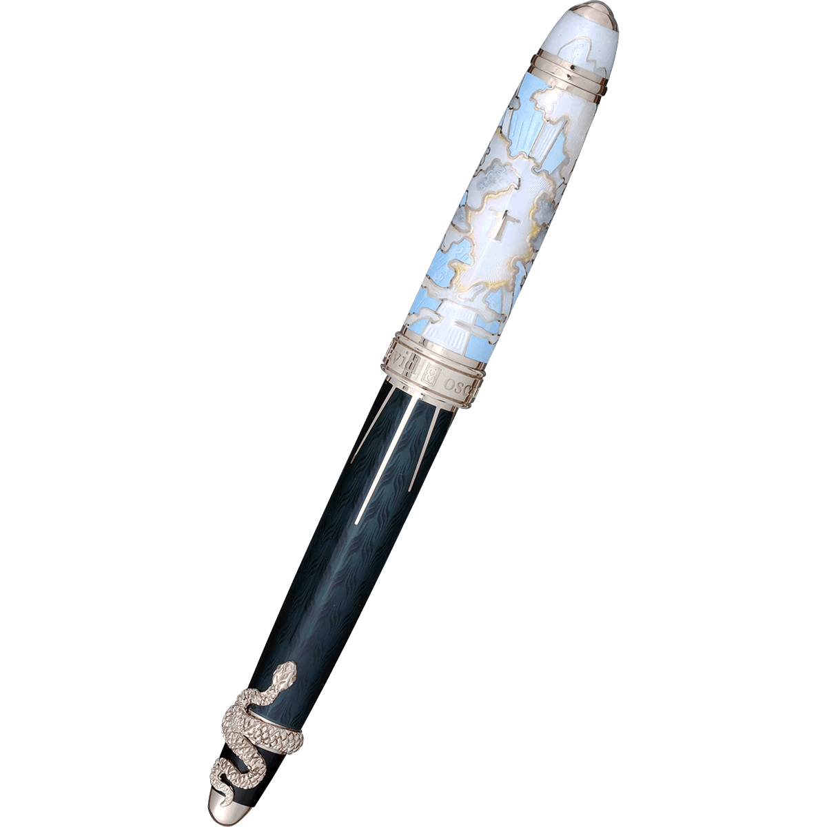 David Oscarson Deus Regit Rollerball Pen - Azure Blue - Moss Black - Silver Trim - Pen Boutique Ltd