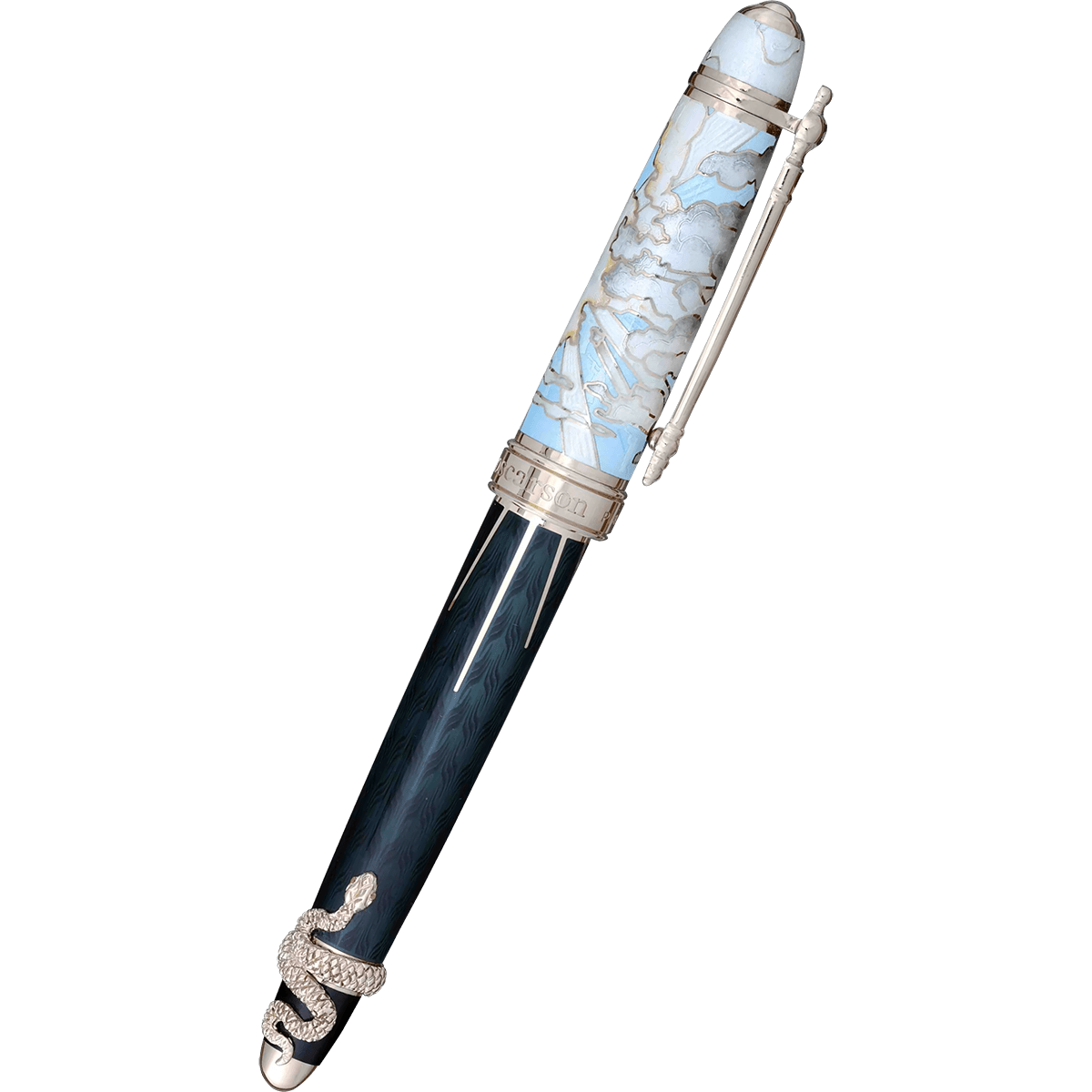 David Oscarson Deus Regit Rollerball Pen - Azure Blue - Moss Black - Silver Trim - Pen Boutique Ltd