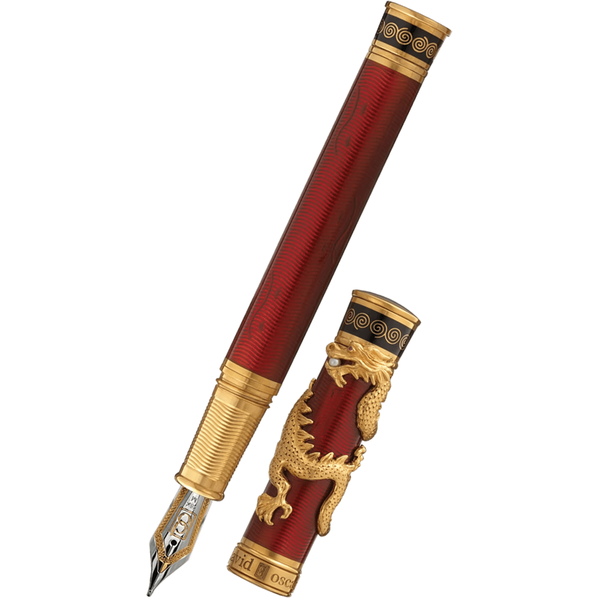 David Oscarson Black Water Dragon Fountain Pen - Translucent Ruby Red and Opaque Onyx Black Hard Enamel with Gold Vermeil - Pen Boutique Ltd