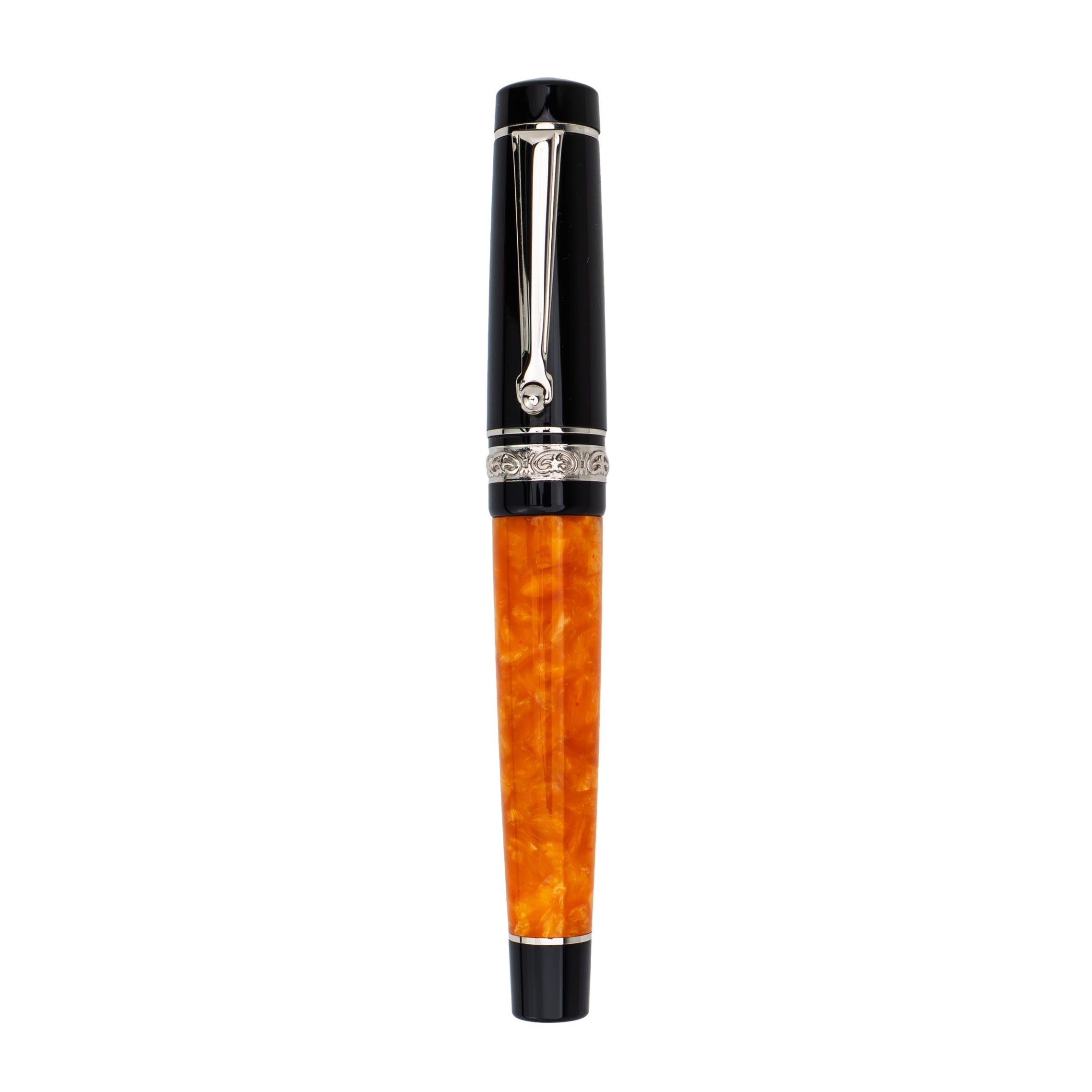 Delta DV Original Mini Fountain Pen – Black & Orange with Sterling Silver Trim – Pennino Acciaio - Pen Boutique Ltd