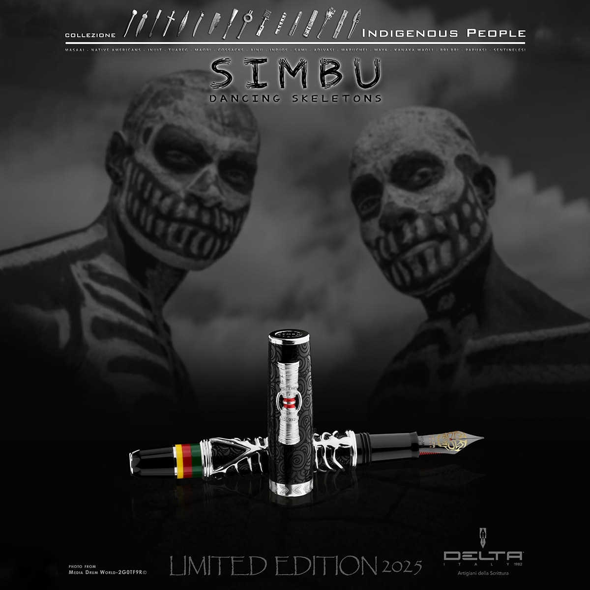 Delta Indigenous People Fountain Pen - Simbu Dancing Skeletons - Black - Silver Cage (Limited Edition)-Pen Boutique Ltd