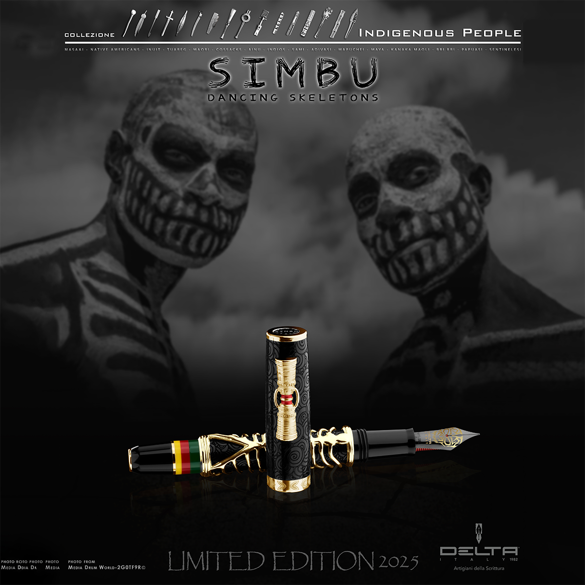 Delta Indigenous People Fountain Pen - Simbu Dancing Skeletons - Black Resin - Gold-Plated Sterling Silver Cage (Limited Edition)-Pen Boutique Ltd