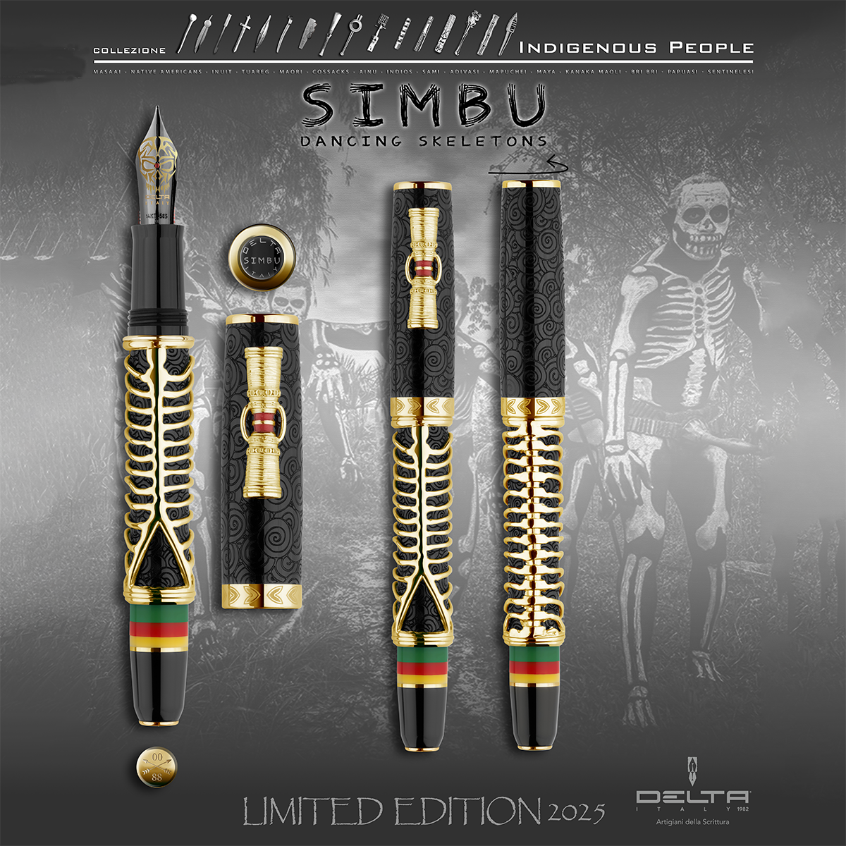 Delta Indigenous People Fountain Pen - Simbu Dancing Skeletons - Black Resin - Gold-Plated Sterling Silver Cage (Limited Edition)-Pen Boutique Ltd