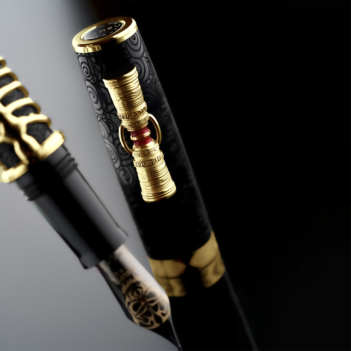 Delta Indigenous People Fountain Pen - Simbu Dancing Skeletons - Black Resin - Gold-Plated Sterling Silver Cage (Limited Edition)-Pen Boutique Ltd