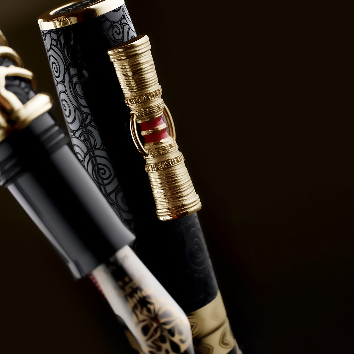 Delta Indigenous People Fountain Pen - Simbu Dancing Skeletons - Black Resin - Gold-Plated Sterling Silver Cage (Limited Edition)-Pen Boutique Ltd