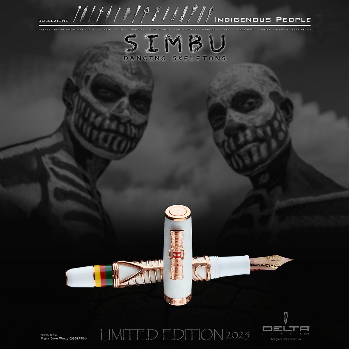 Delta Indigenous People Fountain Pen - Simbu Dancing Skeletons - White Resin - Rose Gold-Plated Sterling Silver Cage (Limited Edition)-Pen Boutique Ltd