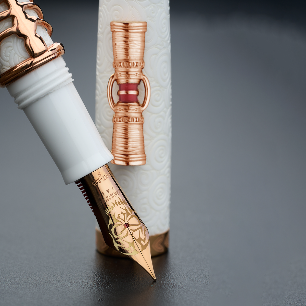 Delta Indigenous People Fountain Pen - Simbu Dancing Skeletons - White Resin - Rose Gold-Plated Sterling Silver Cage (Limited Edition)-Pen Boutique Ltd