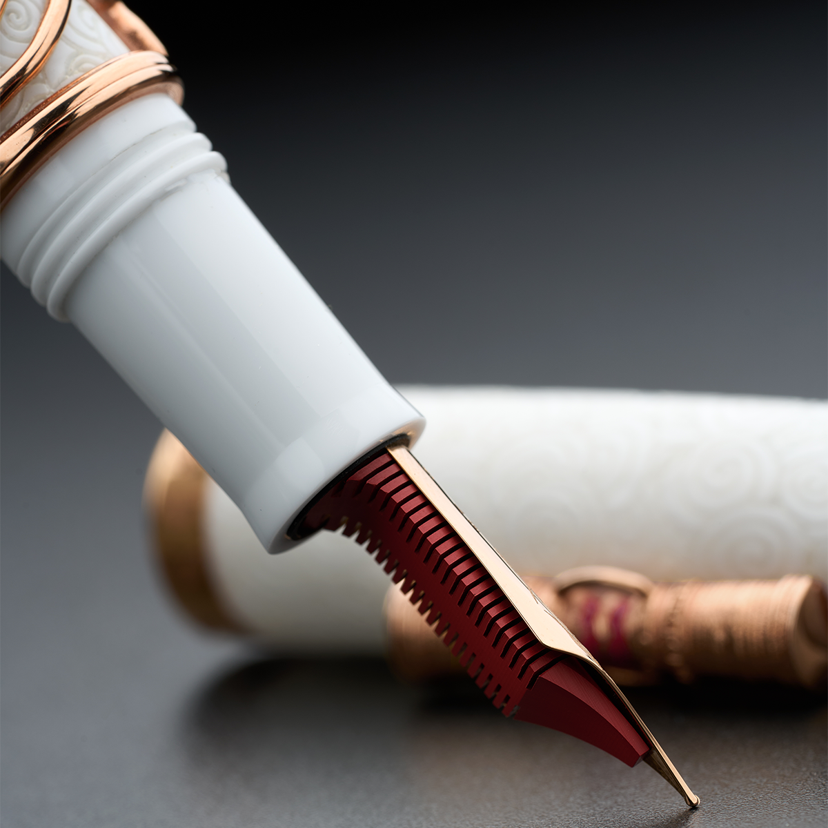 Delta Indigenous People Fountain Pen - Simbu Dancing Skeletons - White Resin - Rose Gold-Plated Sterling Silver Cage (Limited Edition)-Pen Boutique Ltd