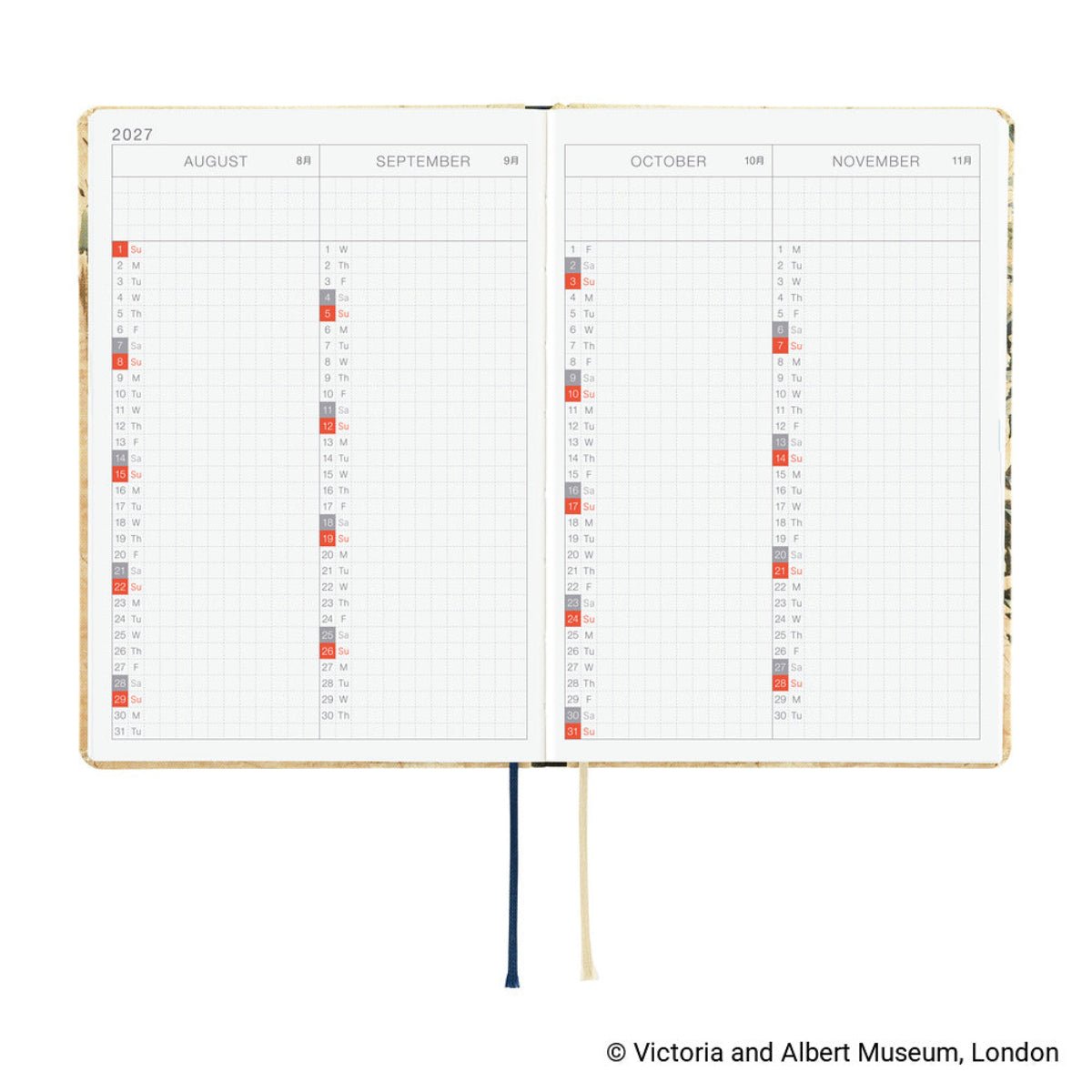 Hobonichi 2027 HON Light Hard Cover English Book - V&A Series: Vine - A6 (January Start) - Pen Boutique Ltd