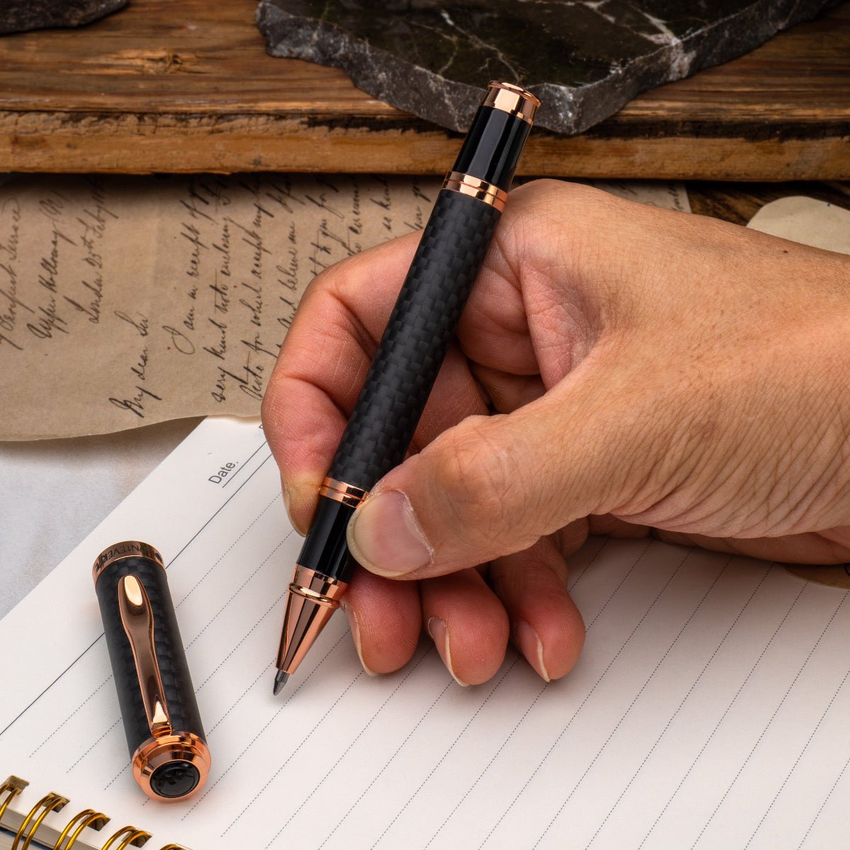 Monteverde Innova Rollerball Pen - Matte Carbon Fiber - Rose Gold Trim - Pen Boutique Ltd