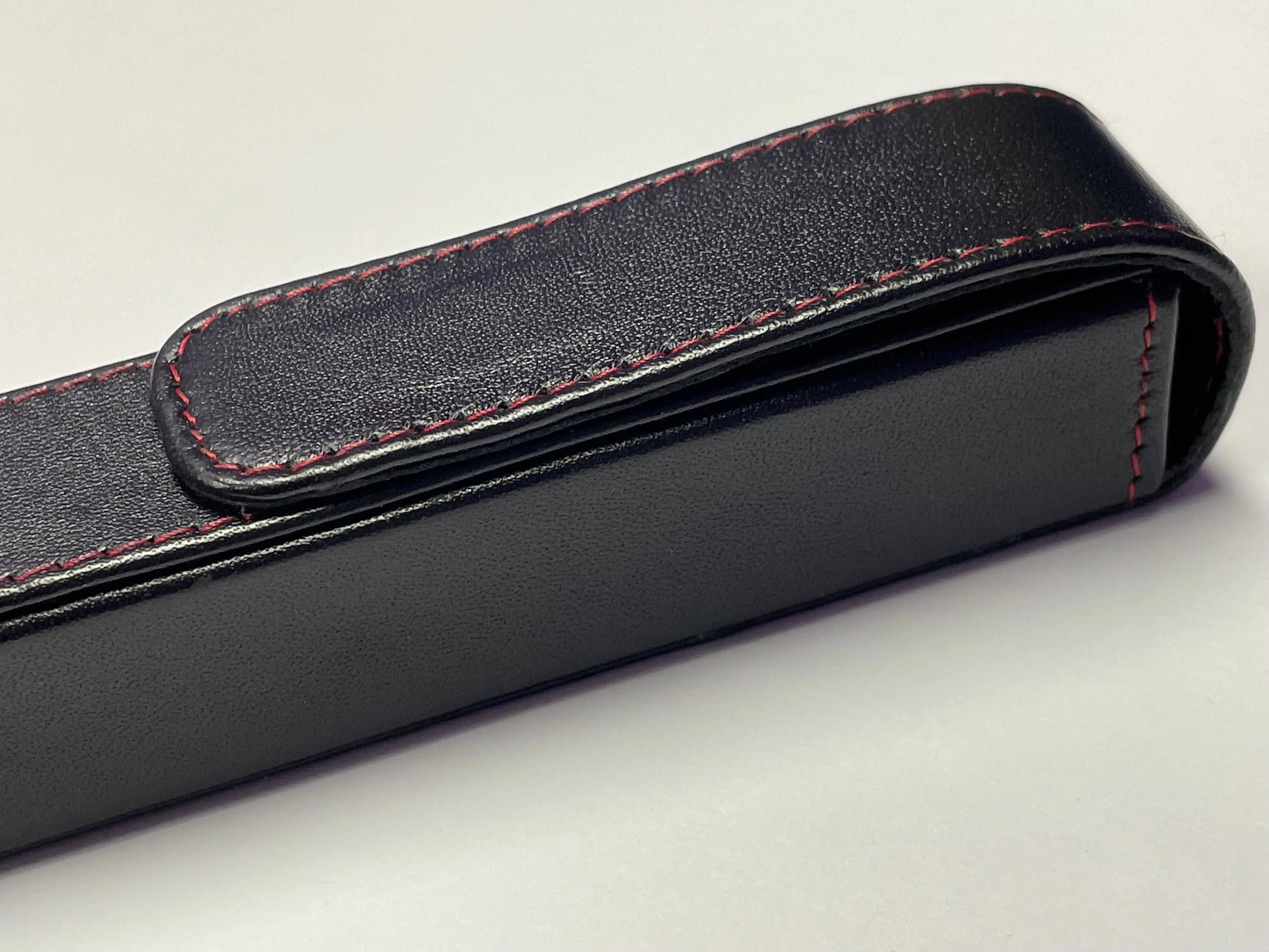 Pen Boutique Yak Leather Single Pen Box - Black with Red Stitching - Magnetic Closure Yak Leather