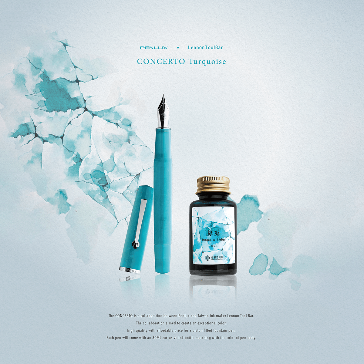 Penlux Concerto Fountain Pen - Turquoise + FREE Matching Ink Bottle - Pen Boutique Ltd