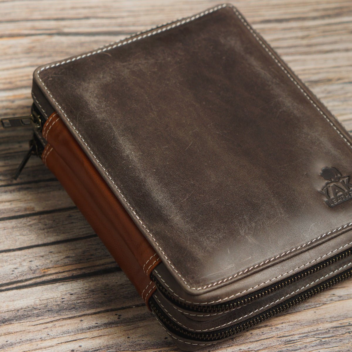 Yak Leather 26 Double Sided Zipped Pen Holder - Nimbus/Tan - Pen Boutique Ltd