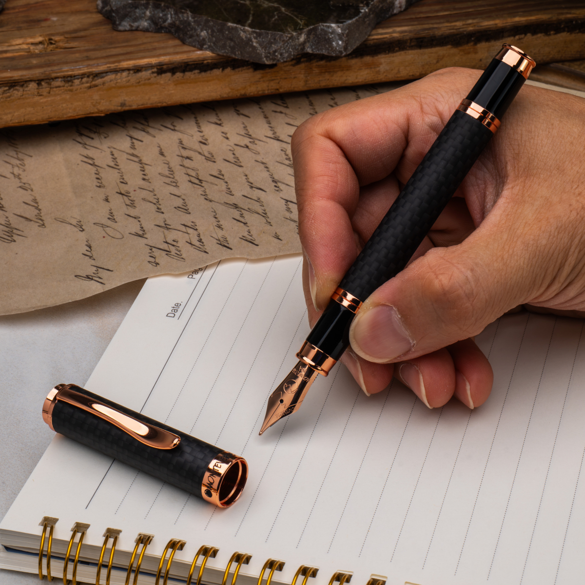 Monteverde Innova Fountain Pen Notebook Set - Carbon Fiber - Rosegold