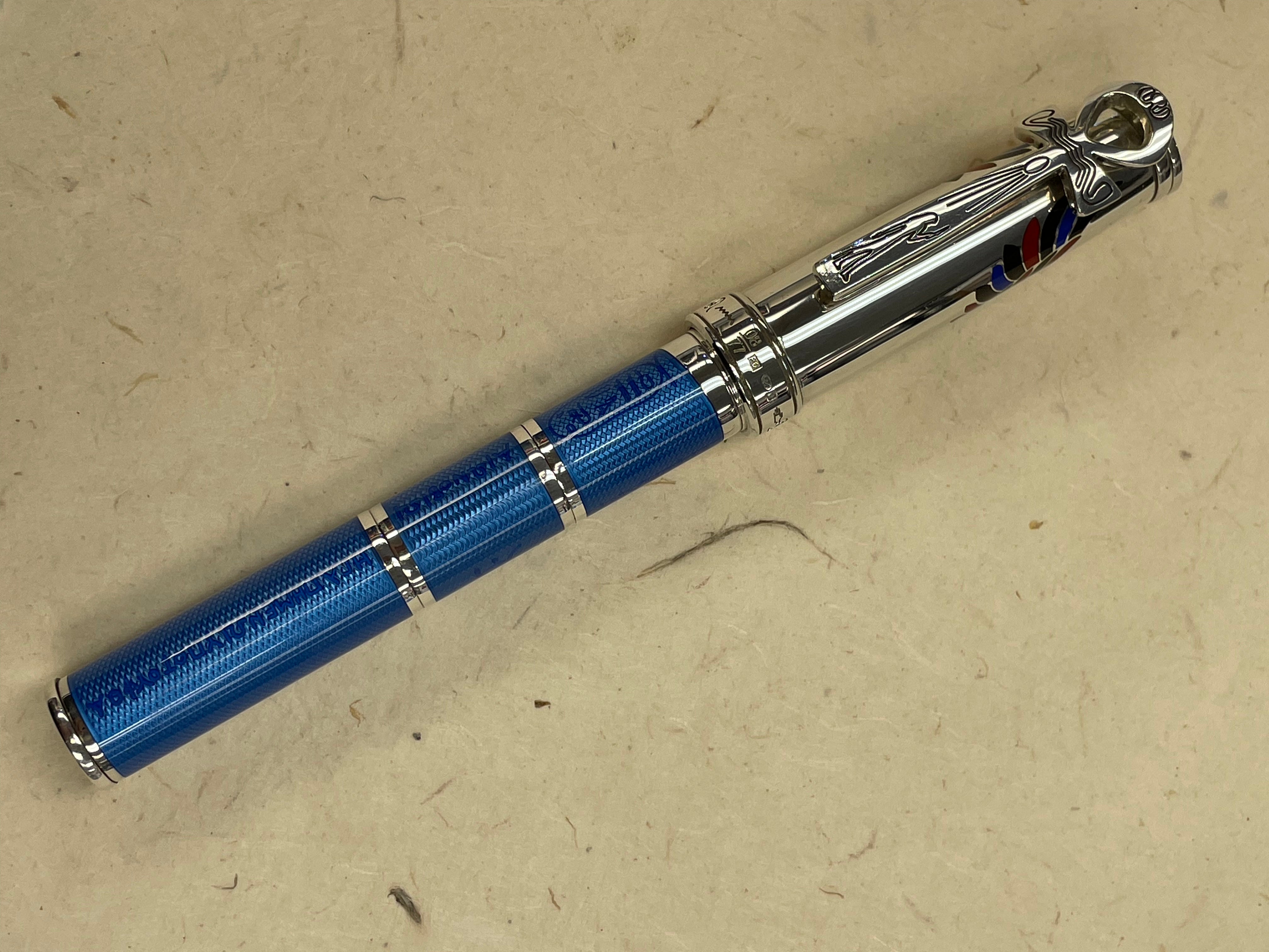 David Oscarson Rosetta Stone Rollerball Pen - Translucent Sapphire Blue and Opaque Black and Red Hard Enamel-Pen Boutique Ltd