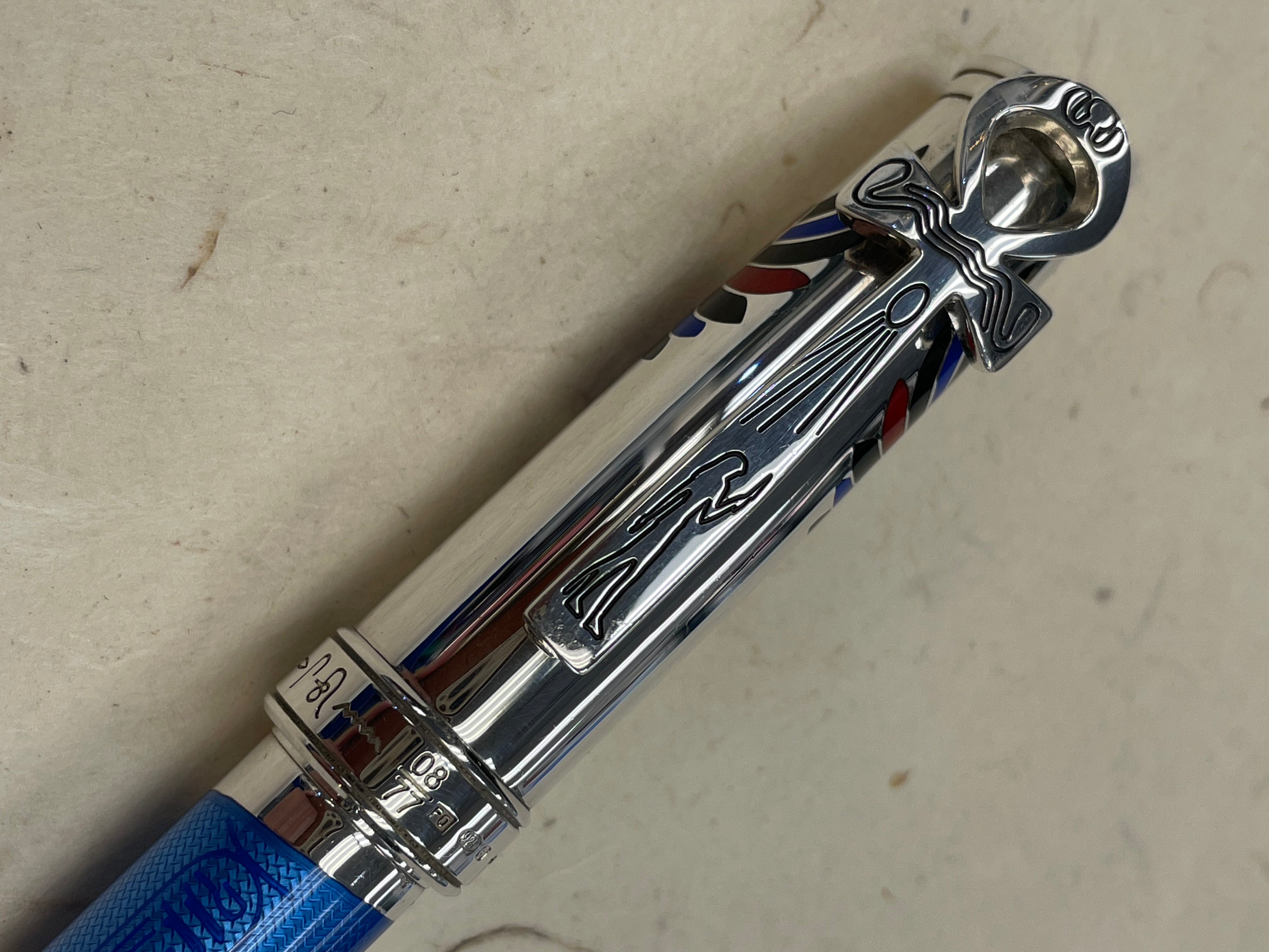 David Oscarson Rosetta Stone Rollerball Pen - Translucent Sapphire Blue and Opaque Black and Red Hard Enamel-Pen Boutique Ltd