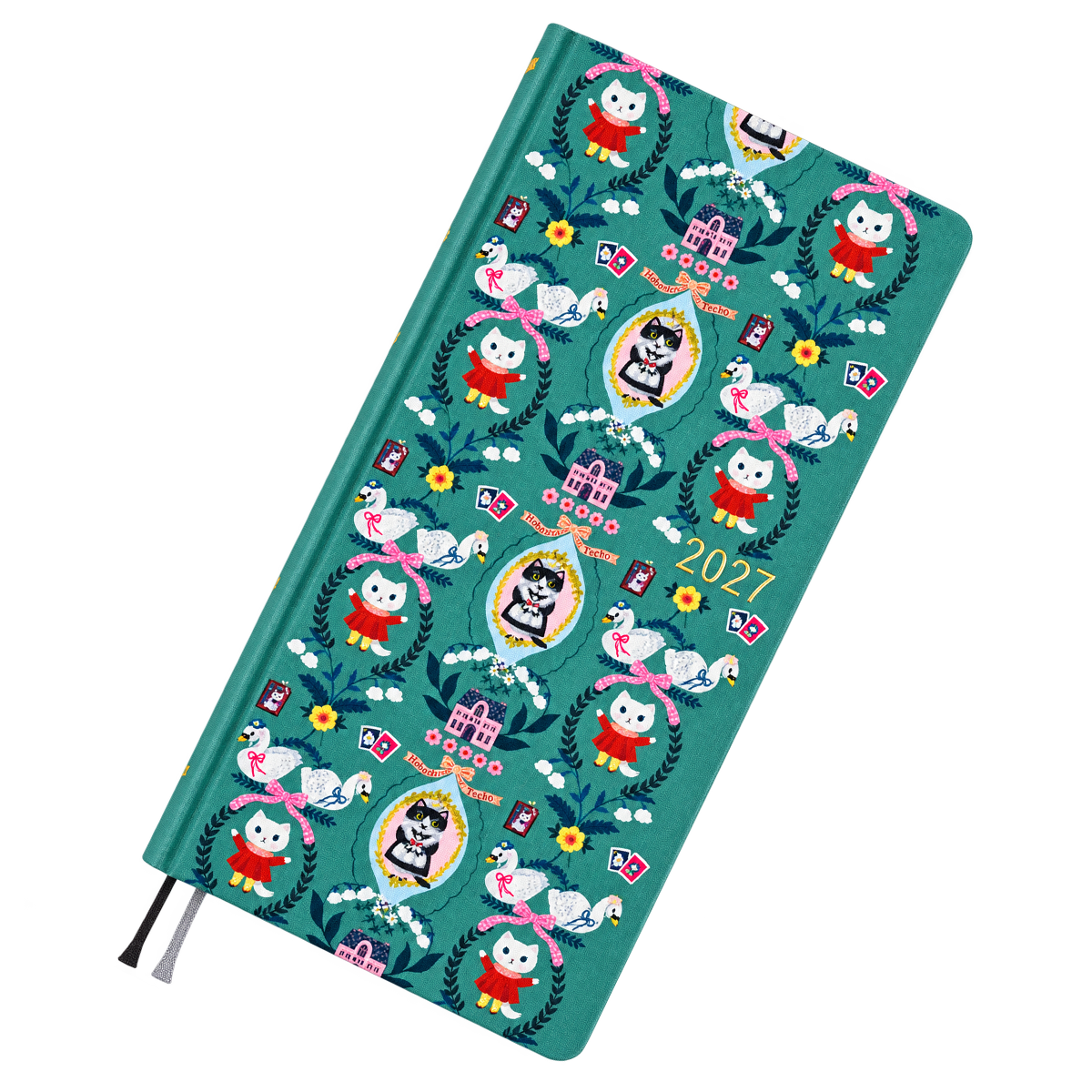 Hobonichi 2027 Light Hardcover Book - Yumi Kitagishi: White Cat Wallpaper - Tall & Slim (Weeks - Janaury Start)-Pen Boutique Ltd