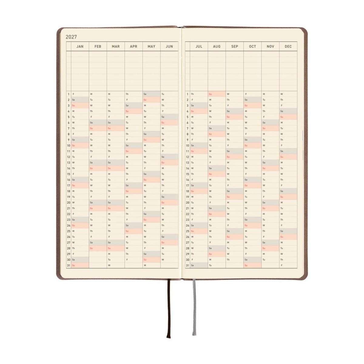 Hobonichi 2027 Light Hardcover English Book - Smooth: Cafe au Lait - Tall & Slim (Weeks - January Start) - Pen Boutique Ltd