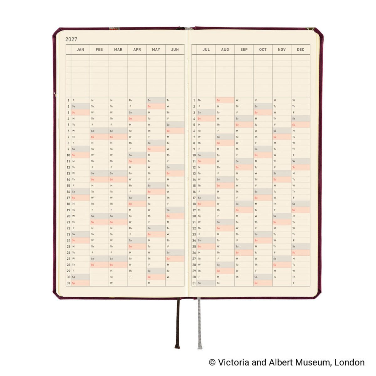 Hobonichi 2027 Light Hard Cover English Book - V&A Series: Welcome to the V&A - Tall & Slim (Weeks - January Start) - Pen Boutique Ltd