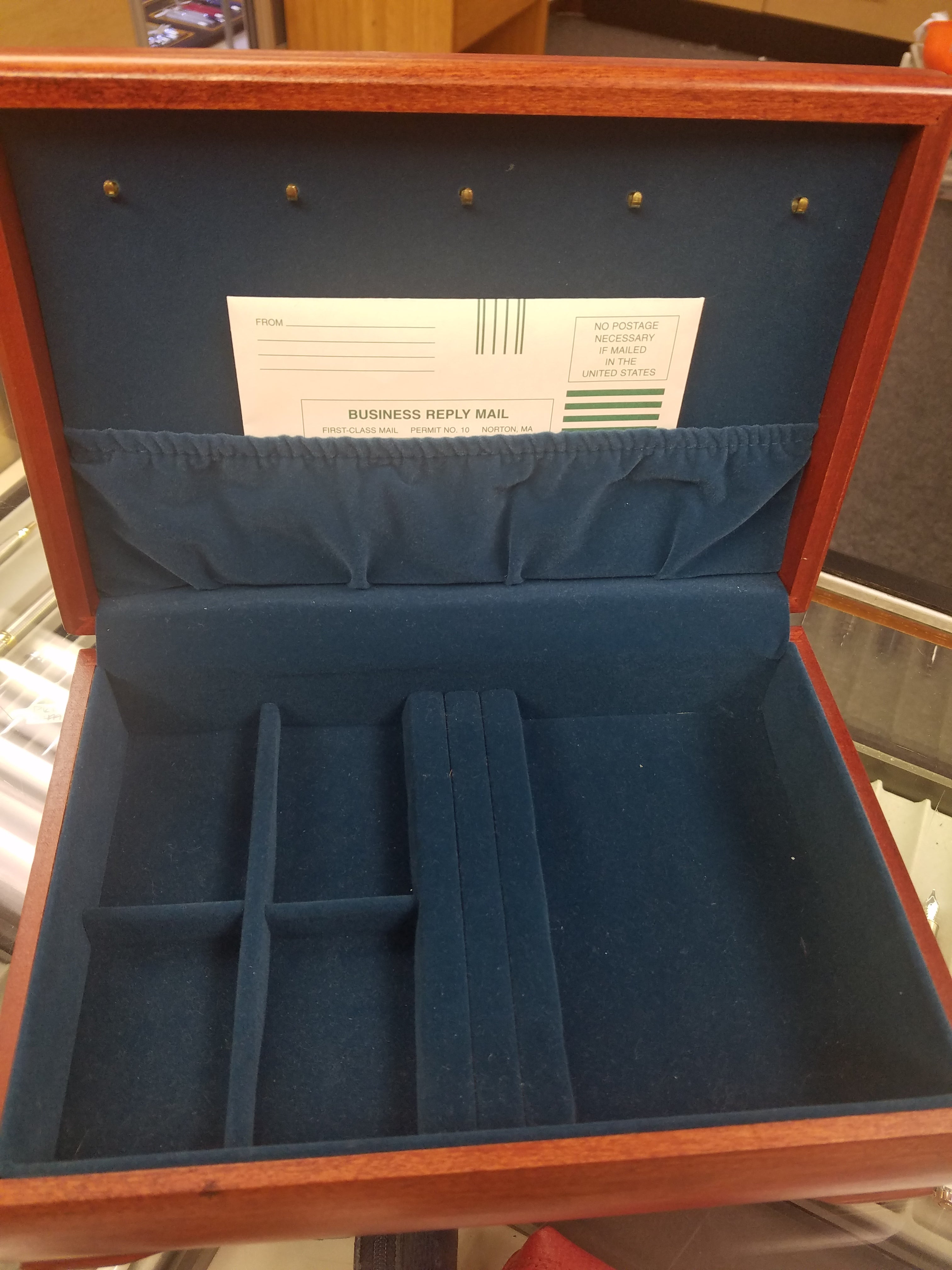Cherry Finish Wood Jewelry Box with Blue Lining - Pen Boutique Ltd