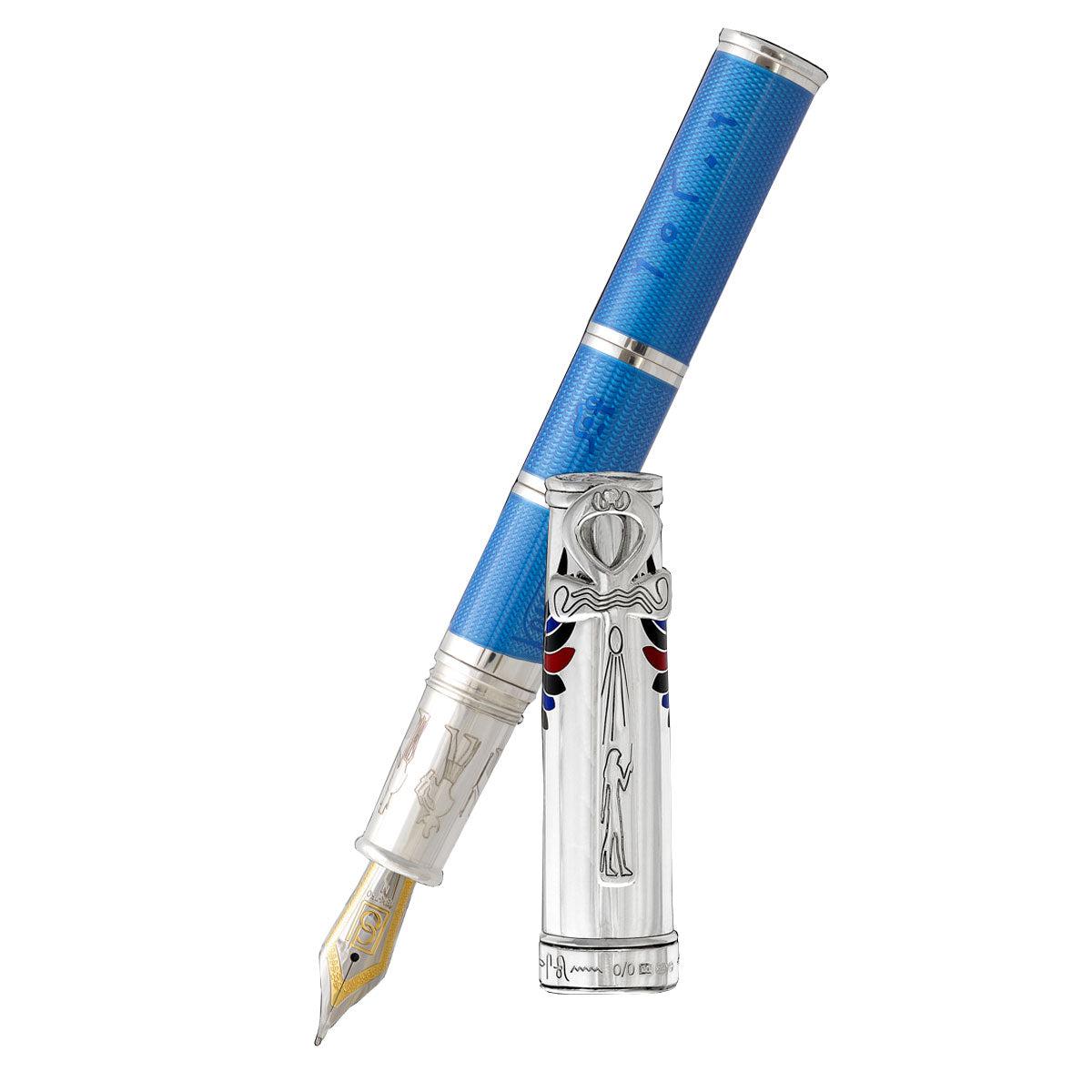 David Oscarson Rosetta Stone Fountain Pen - Translucent Sapphire Blue and Opaque Black and Red Hard Enamel - Pen Boutique Ltd