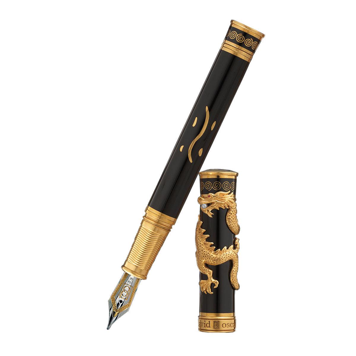 David Oscarson Black Water Dragon Fountain Pen - Opaque Onyx Black Hard Enamel with Gold Vermeil - Pen Boutique Ltd