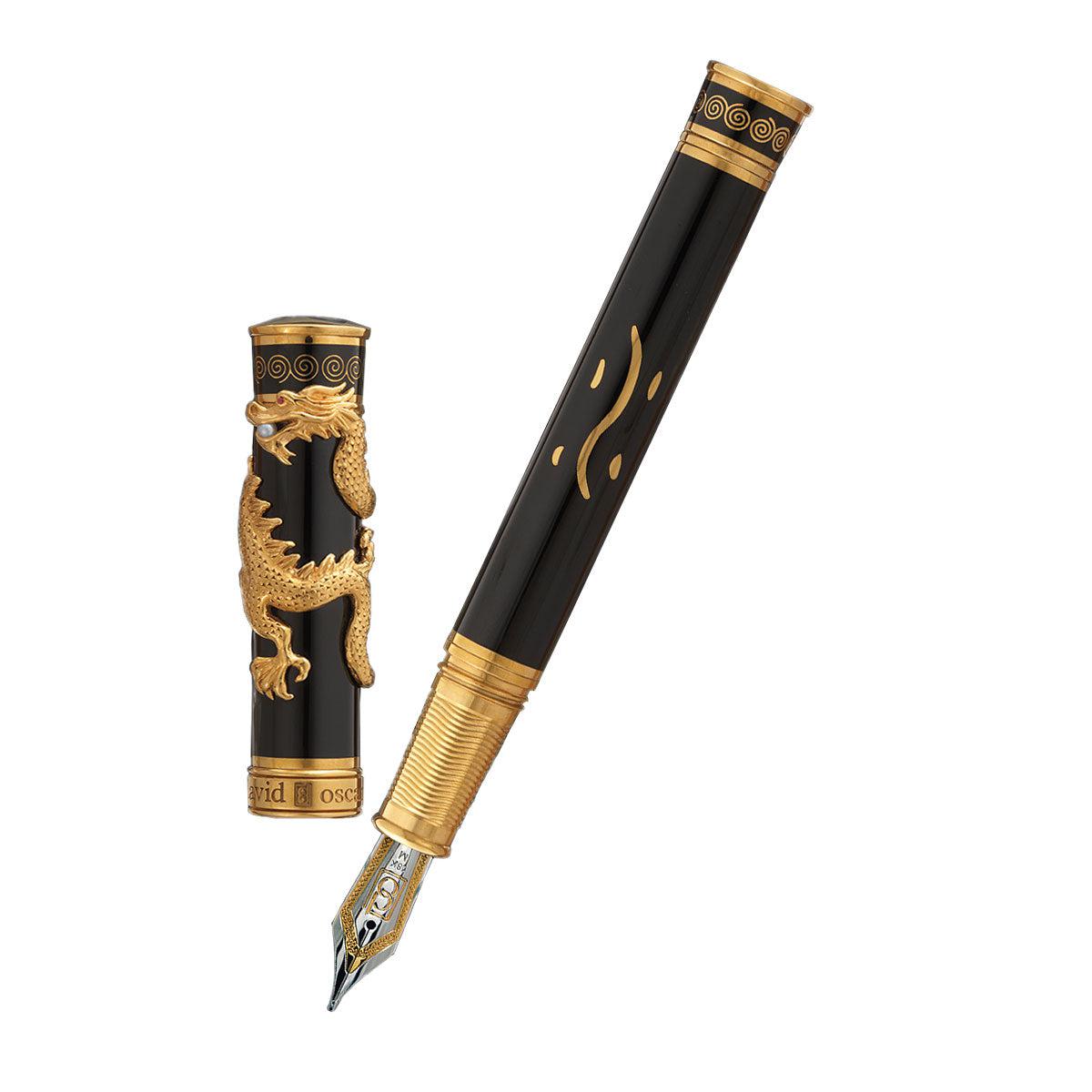 David Oscarson Black Water Dragon Fountain Pen - Opaque Onyx Black Hard Enamel with Gold Vermeil - Pen Boutique Ltd