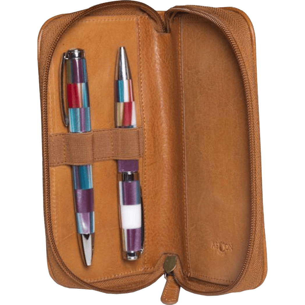 Aston Leather Tan Zipper 2-Pen Case - Pen Boutique Ltd