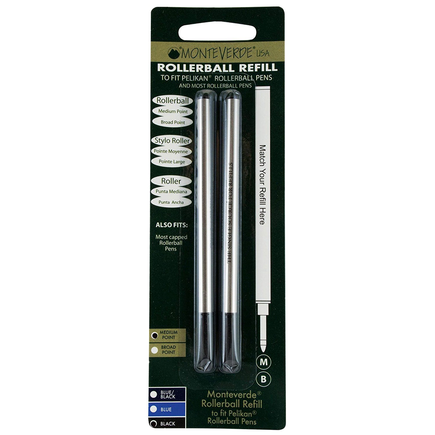 Monteverde Ceramic Rollerball Black Refill To Fit Pelikan Rollerball Medium Point 2 pieces Blister Card-Pen Boutique Ltd