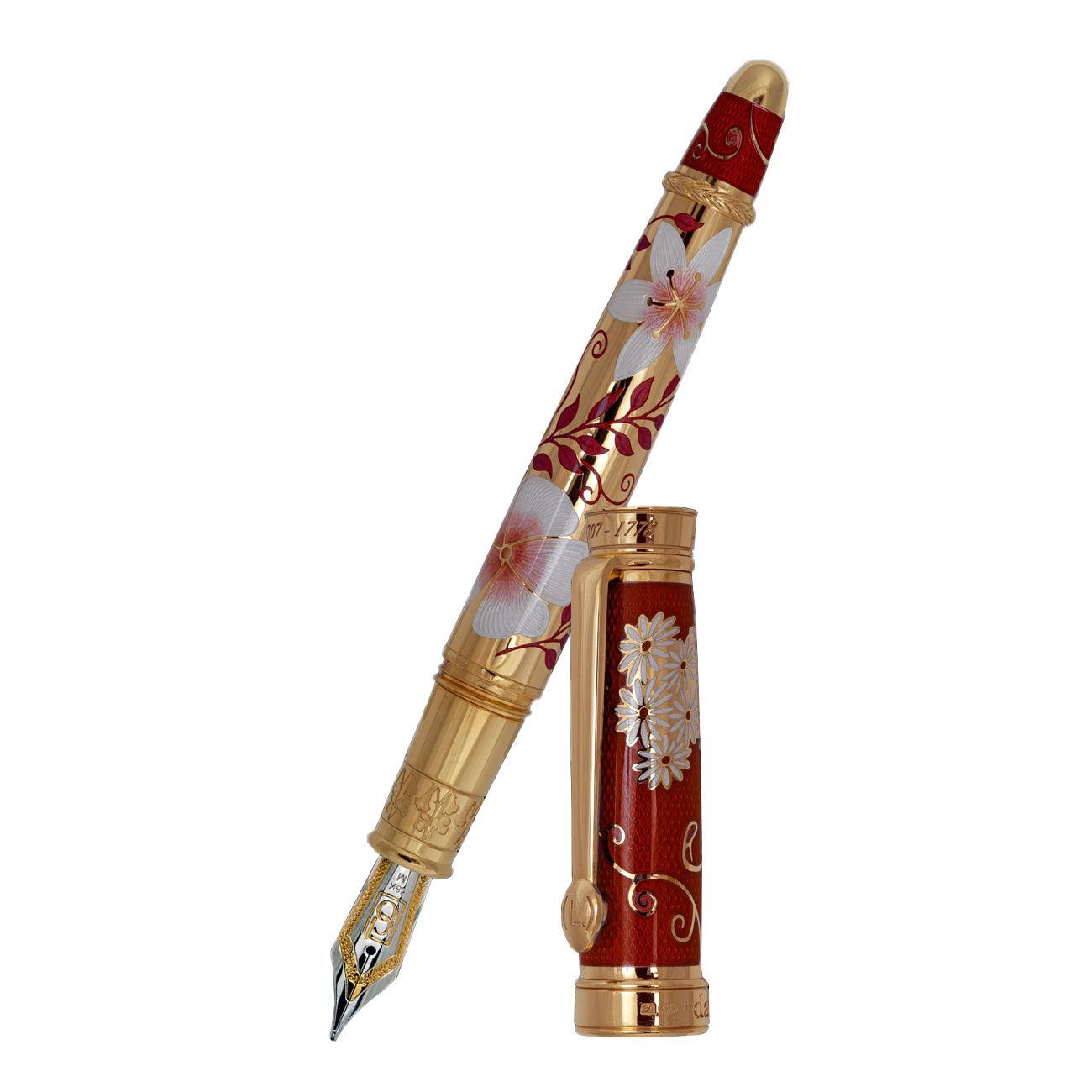 David Oscarson Carl Linnaeus Fountain Pen - Ruby Red with Multi-Colored Hard Enamel and Gold Vermeil-Pen Boutique Ltd