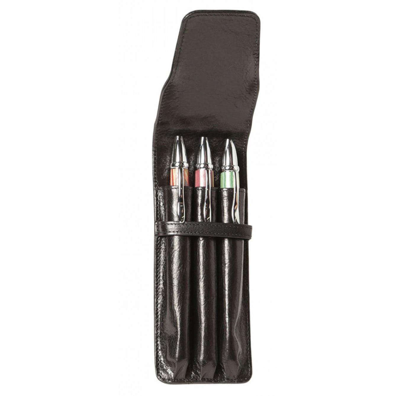Aston Leather Black Finger Style Triple Pen Case - Pen Boutique Ltd