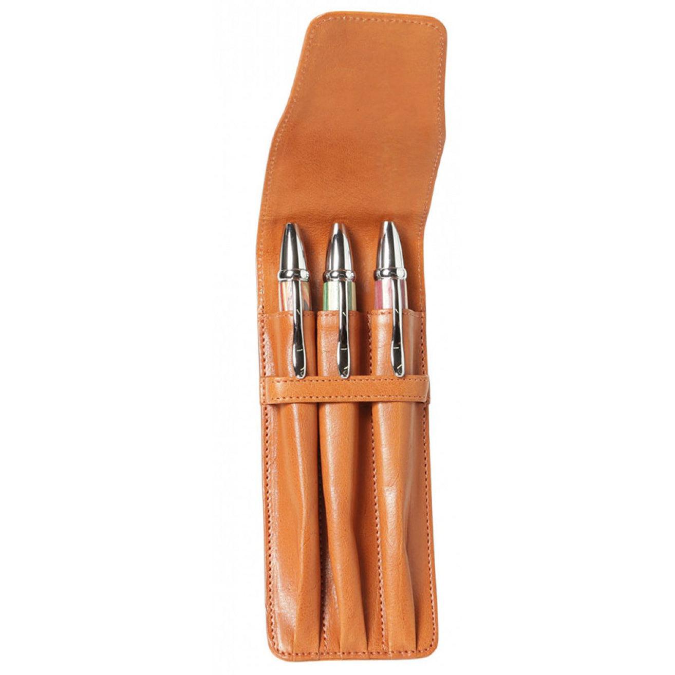 Aston Leather Tan Finger Style Triple Pen Case - Pen Boutique Ltd