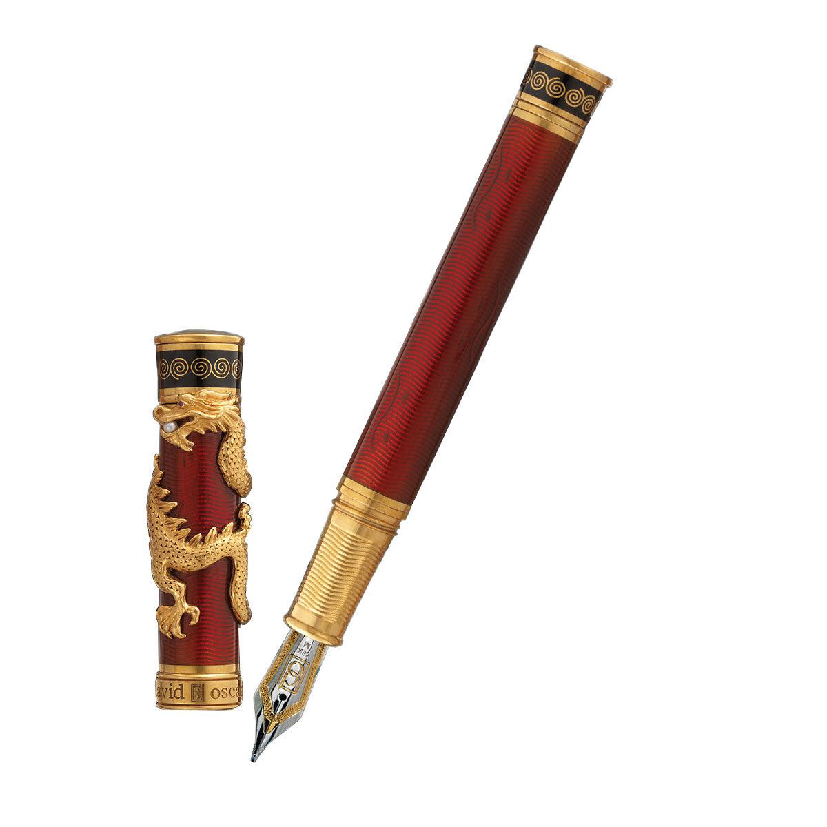 David Oscarson Black Water Dragon Fountain Pen - Translucent Ruby Red and Opaque Onyx Black Hard Enamel with Gold Vermeil-Pen Boutique Ltd