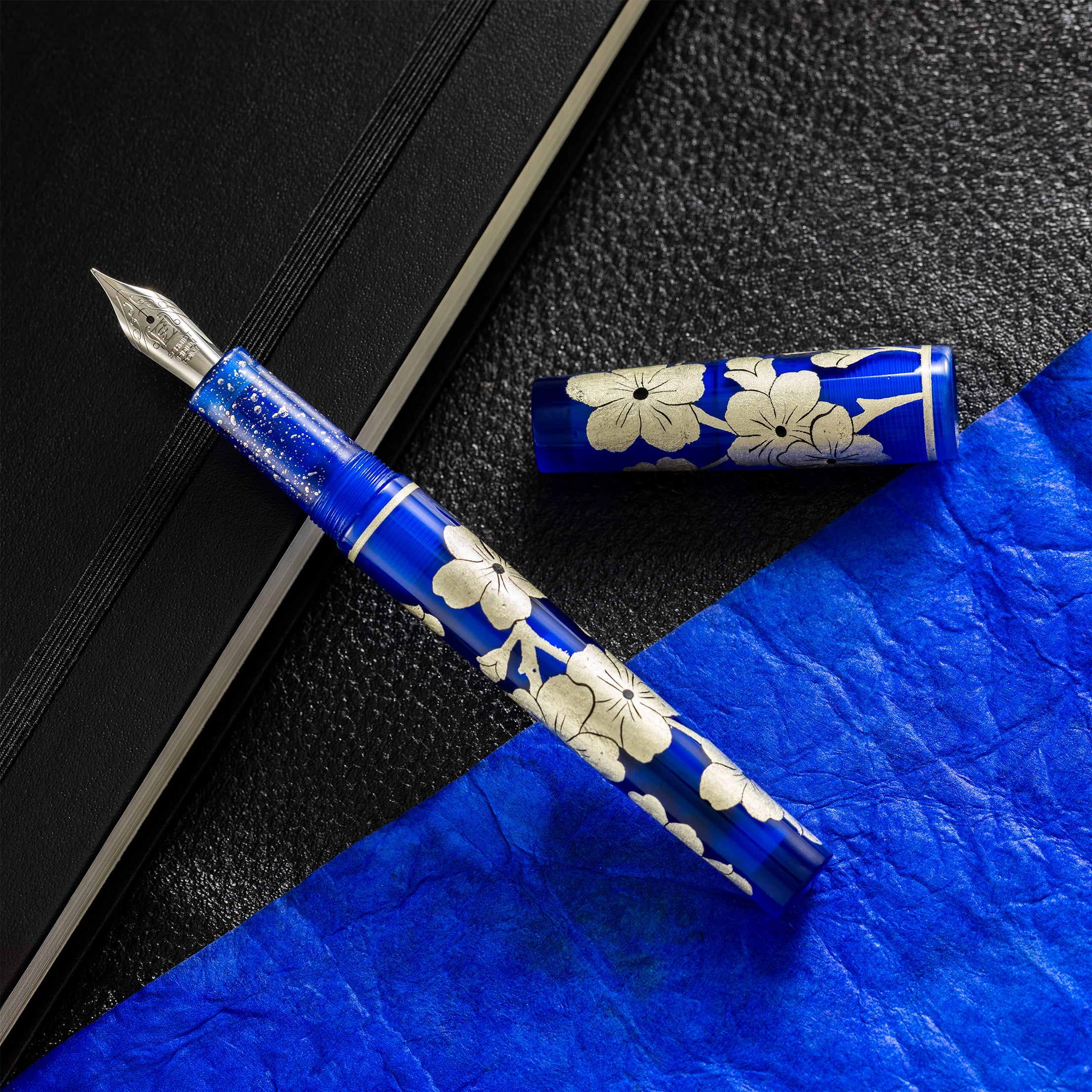 Zek Handpainted Tezhip Art Blue with Silver Flower Fountain Pen - Pen Boutique Ltd