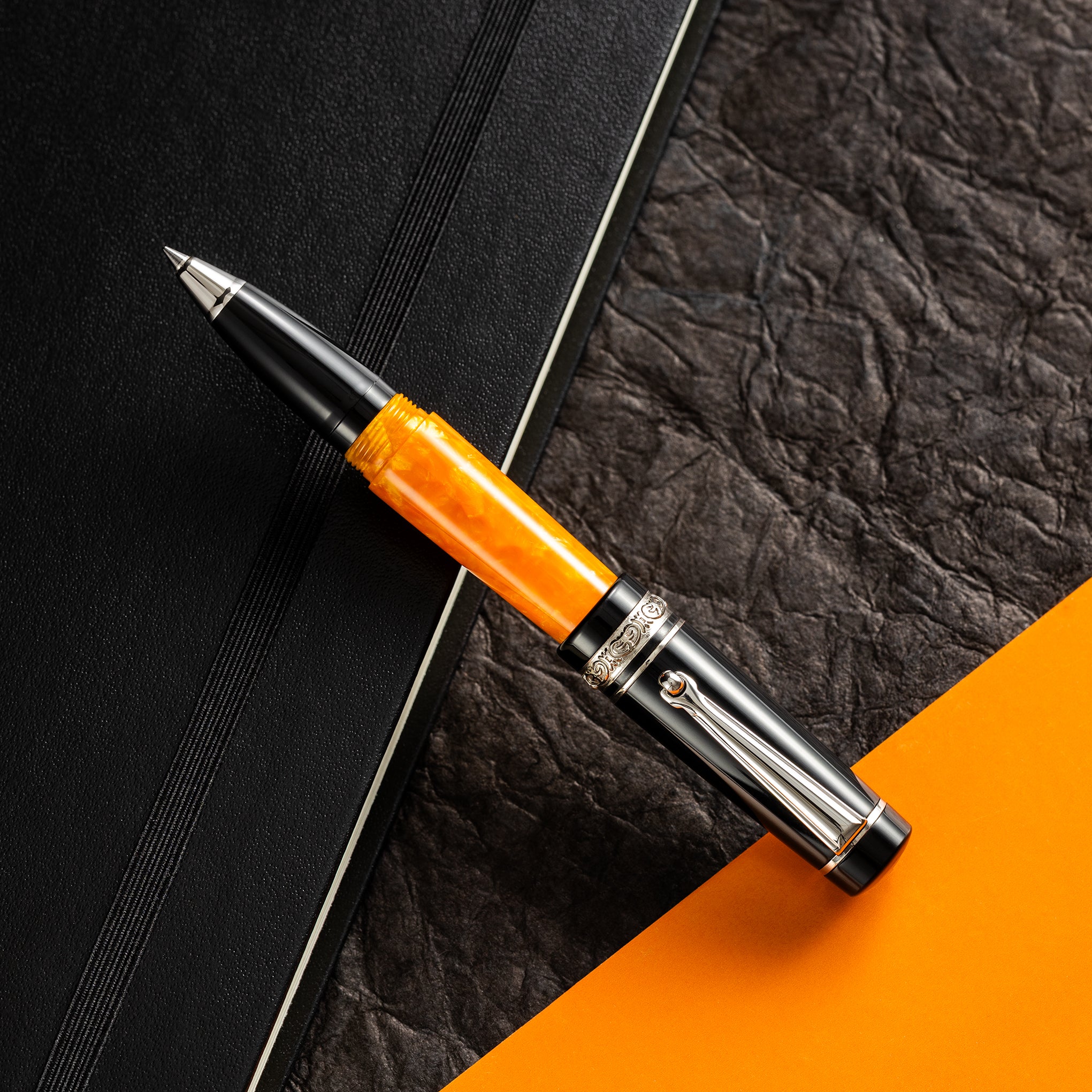 Delta DV Original Mini Rollerball Pen – Black & Orange with Palladium Trim-Pen Boutique Ltd