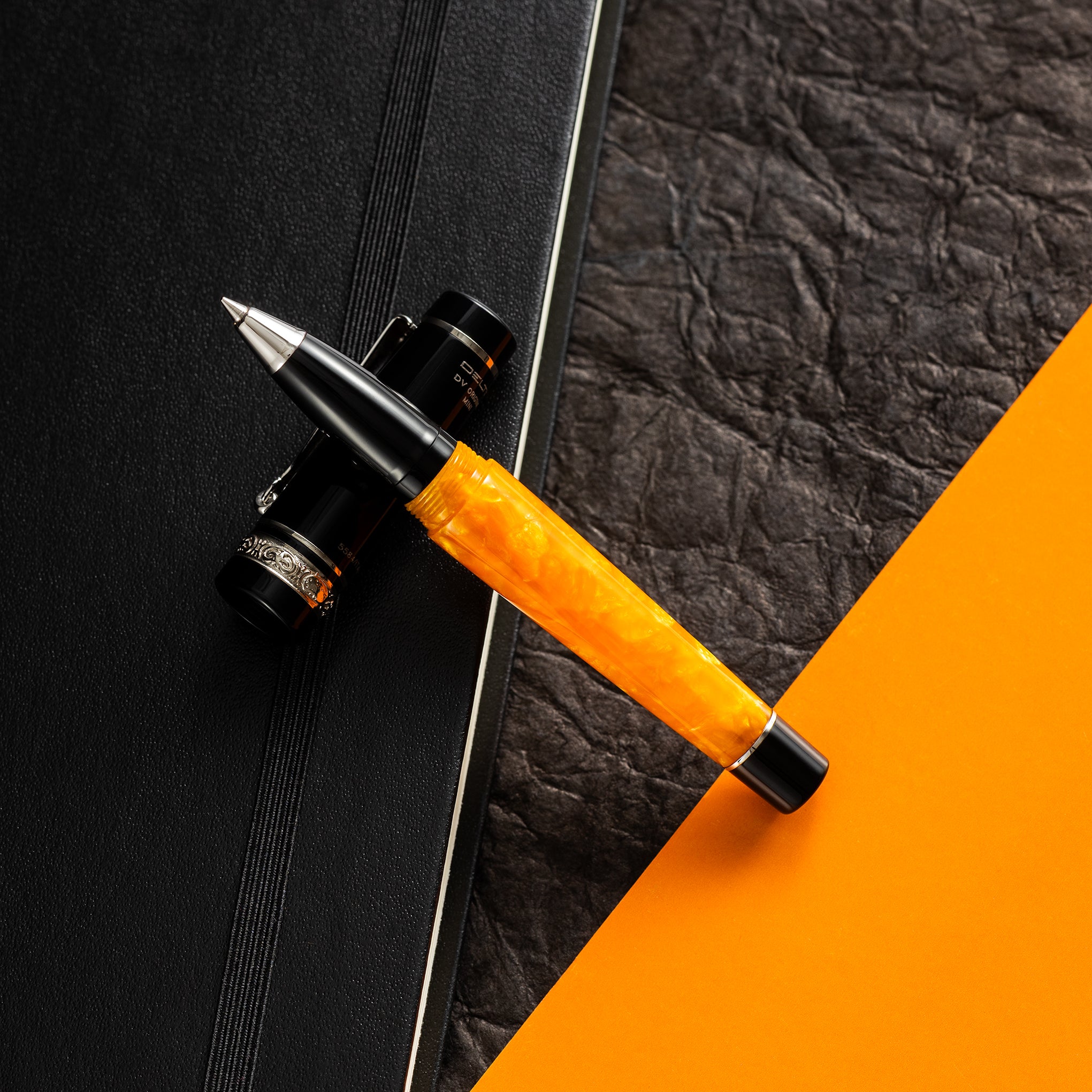 Delta DV Original Mini Rollerball Pen – Black & Orange with Palladium Trim-Pen Boutique Ltd