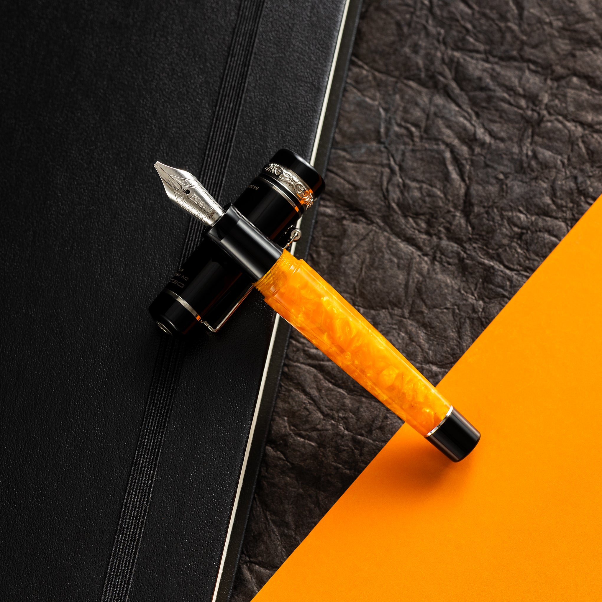Delta DV Original Mini Fountain Pen – Black & Orange with Sterling Silver Trim – Pennino Acciaio-Pen Boutique Ltd