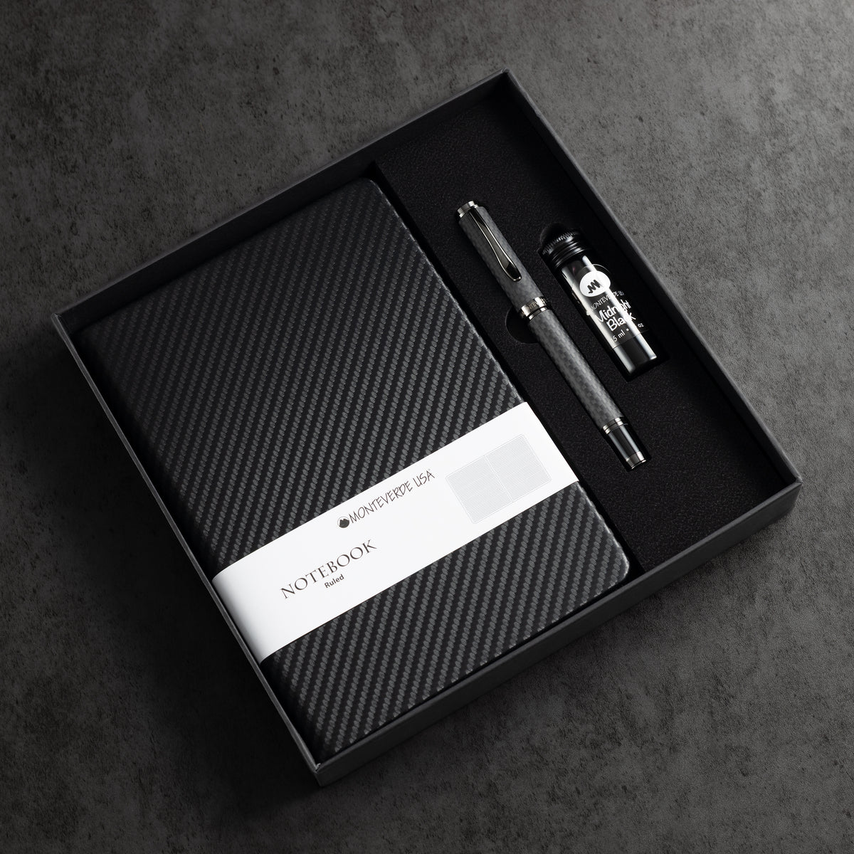 Monteverde Innova Fountain Pen Notebook Set - Carbon Fiber - Gunmetal - Pen Boutique Ltd