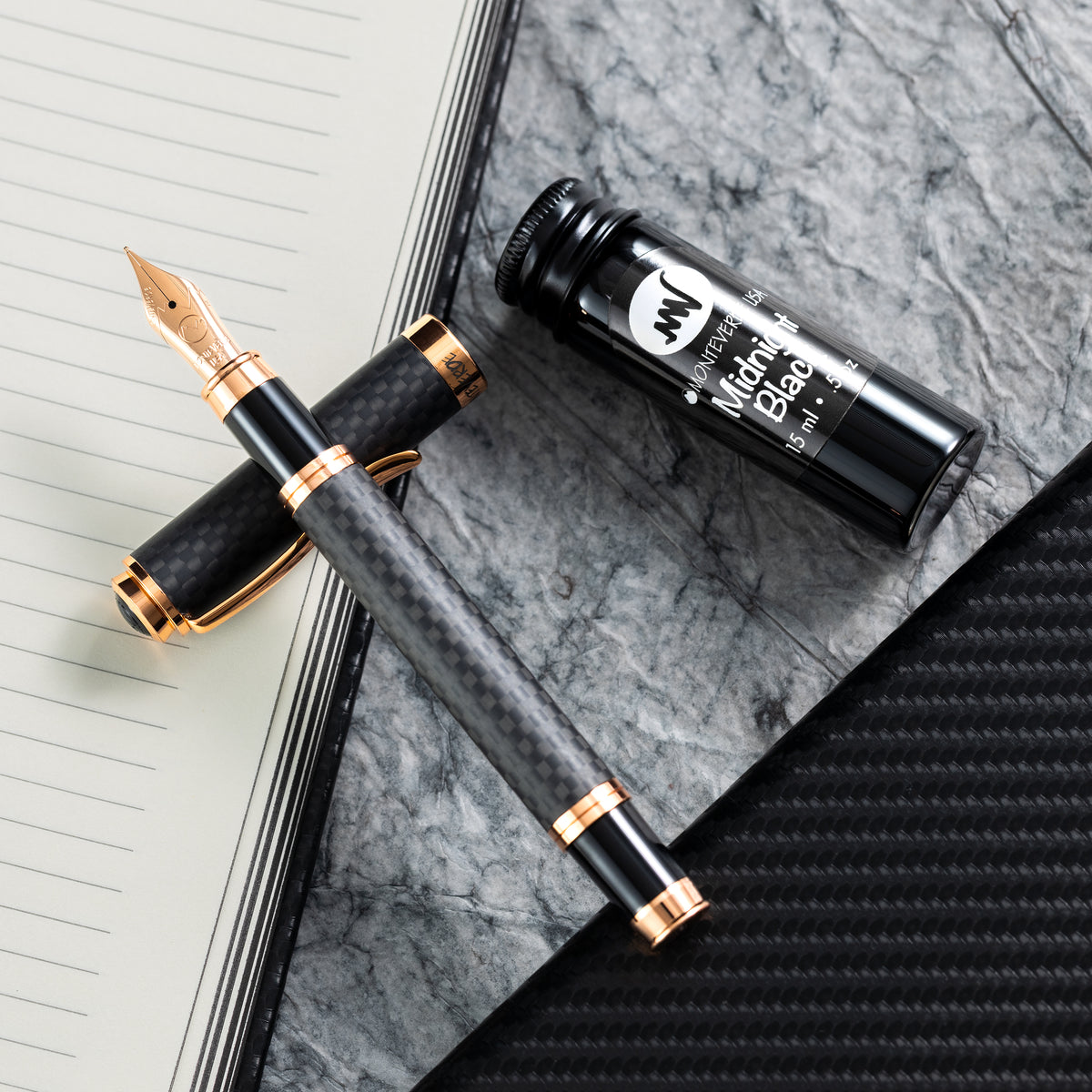 Monteverde Innova Fountain Pen Notebook Set - Carbon Fiber - Rosegold - Pen Boutique Ltd