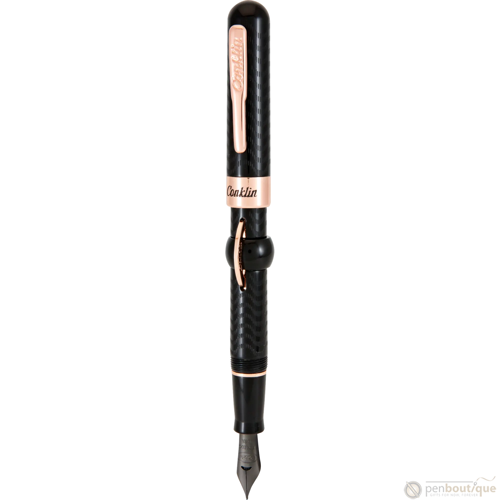Conklin Mark Twain Crescent Filler Fountain Pen - Black Chase - Rose Gold Trim-Pen Boutique Ltd