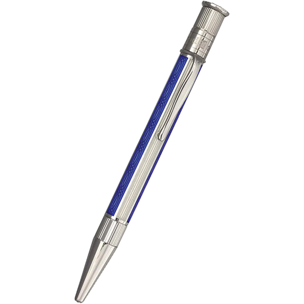 David Oscarson’s Sterling Silver Guilloche and Hard Enamel Ballpoint Pen Sapphire Blue-White-Pen Boutique Ltd