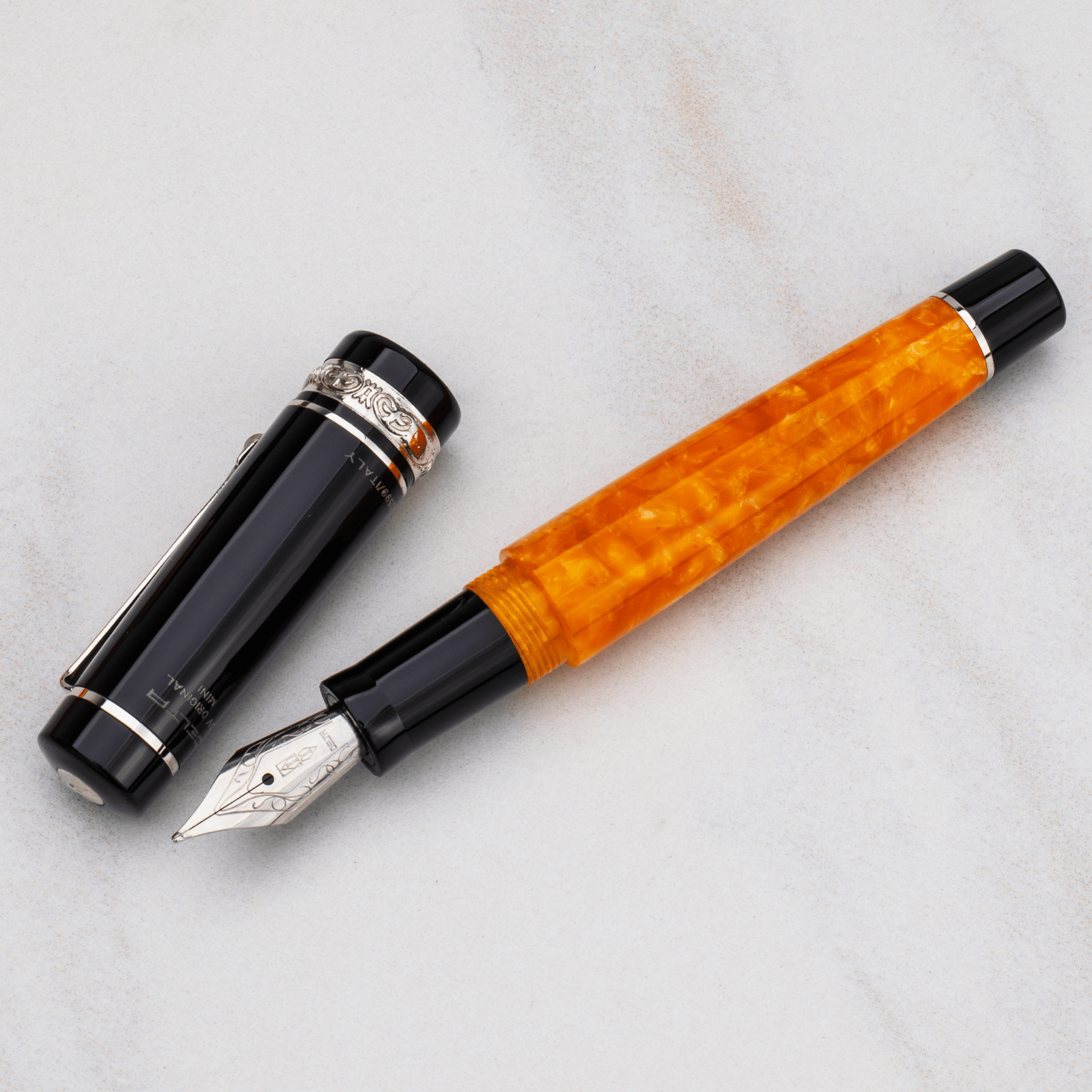 Delta DV Original Mini Fountain Pen – Black & Orange with Sterling Silver Trim – Pennino Acciaio - Pen Boutique Ltd