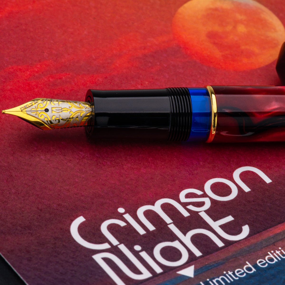 Delta Limited Edition Fountain Pen - Four Rings Crimson Night - Yellow Gold Trim - Steel Nib - Pen Boutique Ltd