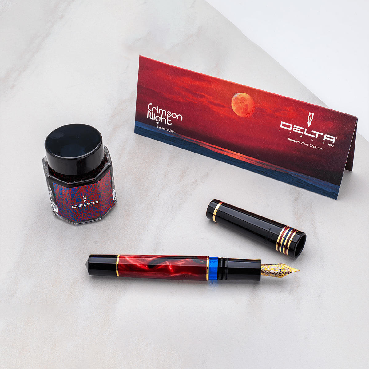 Delta Limited Edition Fountain Pen - Four Rings Crimson Night - Yellow Gold Trim - Steel Nib - Pen Boutique Ltd