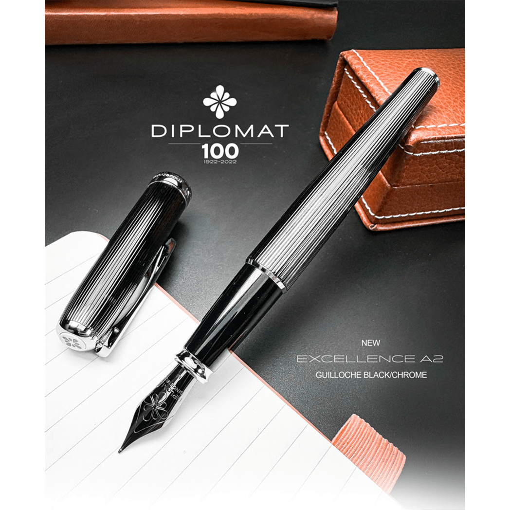 Diplomat Excellence A2 Guilloche Fountain Pen - Black/Chrome-Pen Boutique Ltd